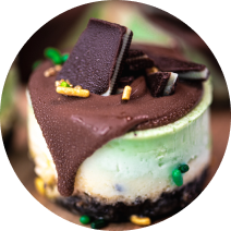 Close up circular shot of mini andes mint cheesecake.